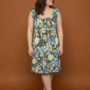 Axcess Floral Empire-Waist Midi Dress in Blue & Lime